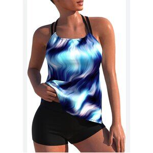 Womens Tankini Two Piece Swimsuit Plus Size 5XL Wave Pattern Comfortable Fit